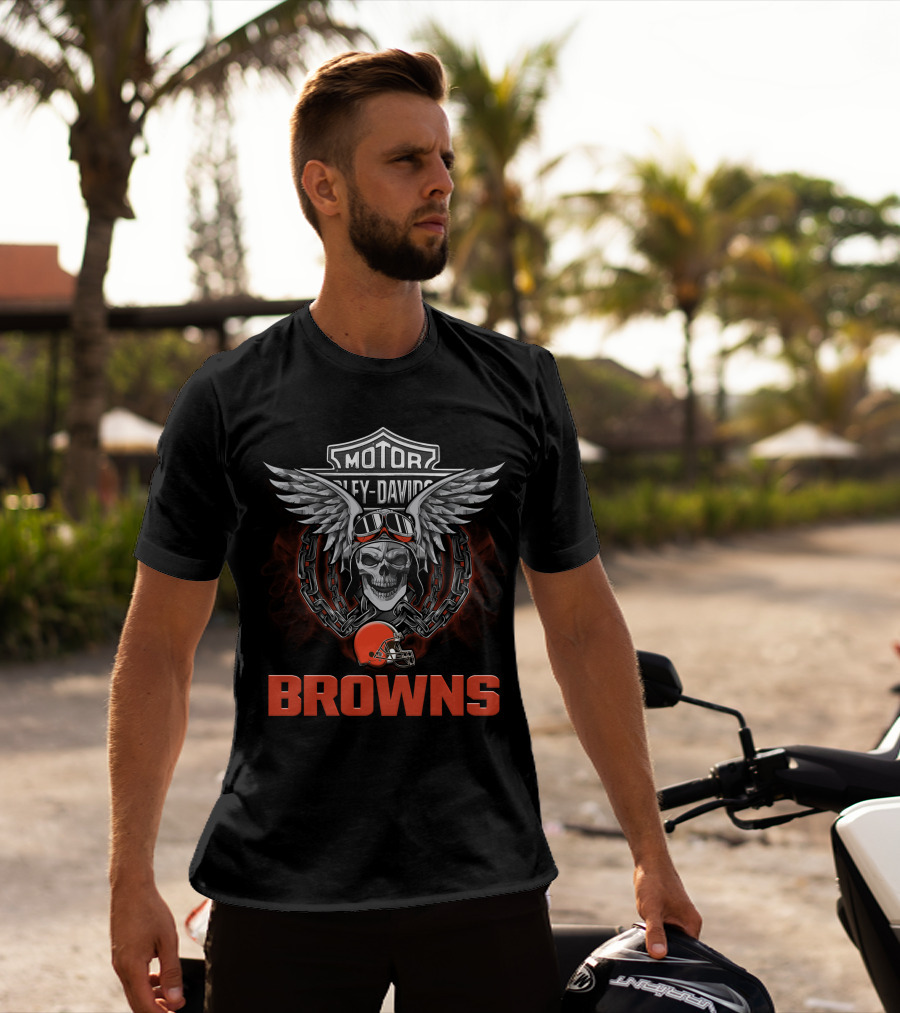 Harley Davidson Motorcycle Biker Skull Wings Nfl Cleveland Browns T-Shirt