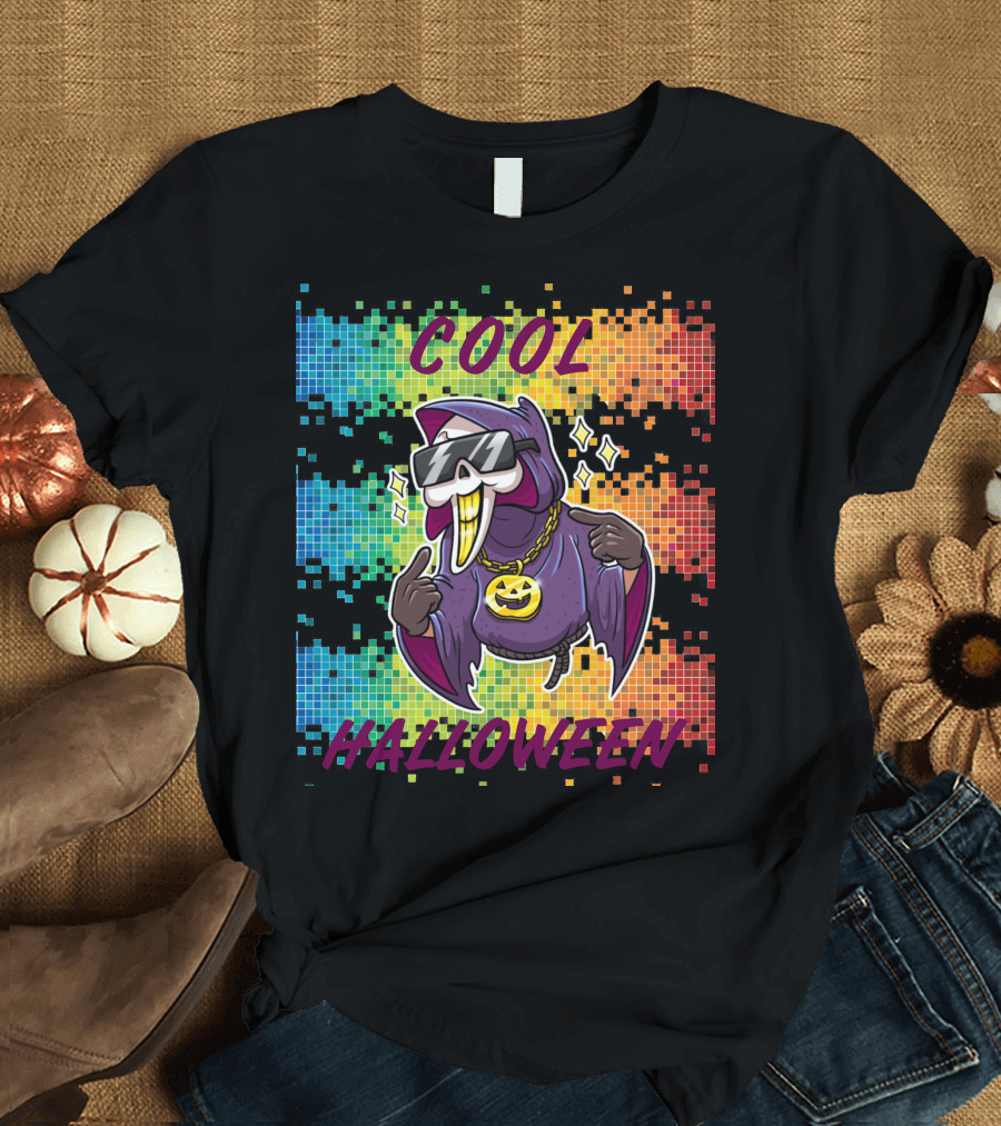 Cool Halloween Ghost with Sunglasses and Pixel Background T-Shirt
