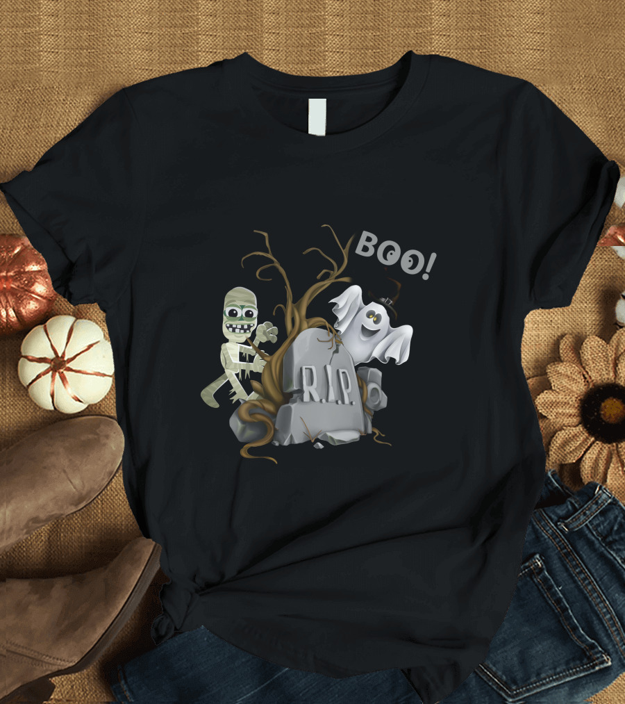 Halloween RIP Ghosts Boo with Mummy and Tombstone T-Shirt