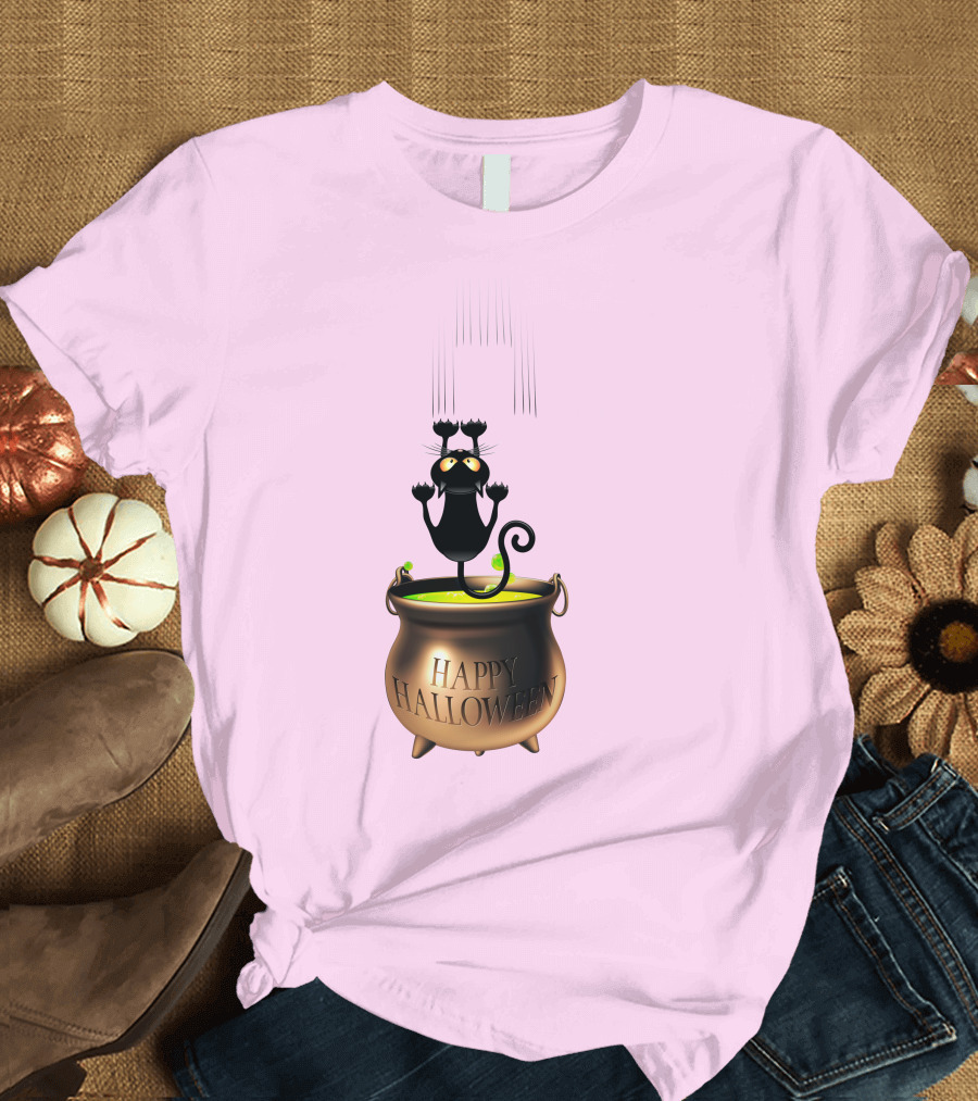 Happy Halloween Black Cat in Cauldron T-Shirt
