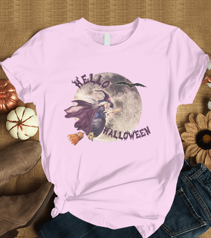 Hello Halloween Witch Moon and Bat Scene T-Shirt