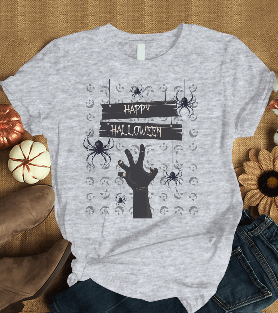 Happy Halloween Spider Hand Jack-O-Lantern Faces T-Shirt