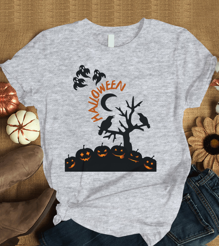 Halloween Pumpkin Ghost Moon Tree Ravens T-Shirt