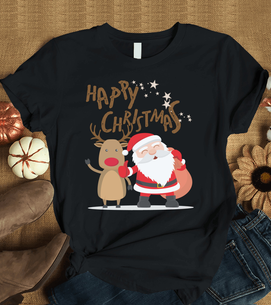 Happy Christmas Santa Claus and Reindeer with Stars T-Shirt