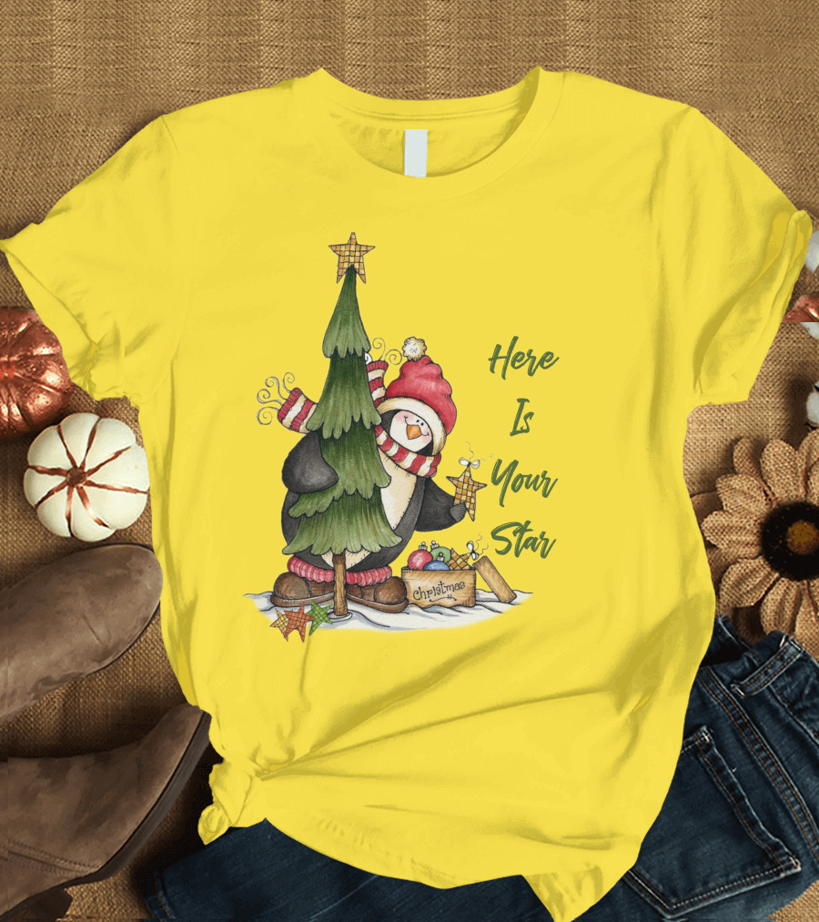 Here Is Your Christmas Star Penguin with Tree and Ornaments T-Shirt