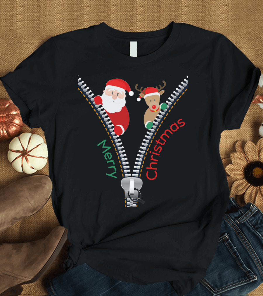 Merry Christmas Santa and Deer Zipper T-Shirt