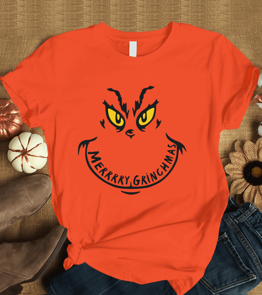 Merrrry Grinchmas Yellow Eyes Grin Face T-Shirt
