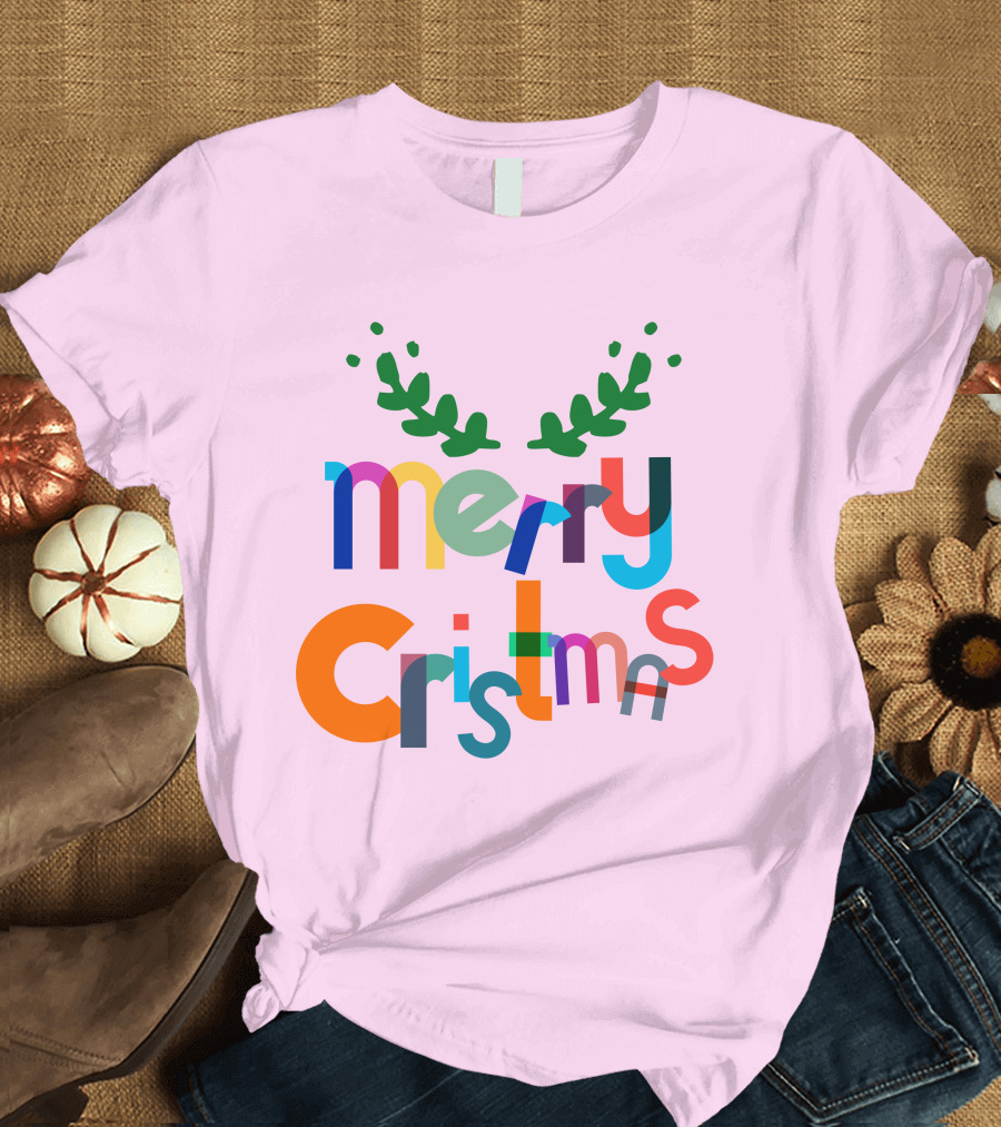 Merry Christmas Colorful Letters with Green Antlers Holiday T-Shirt