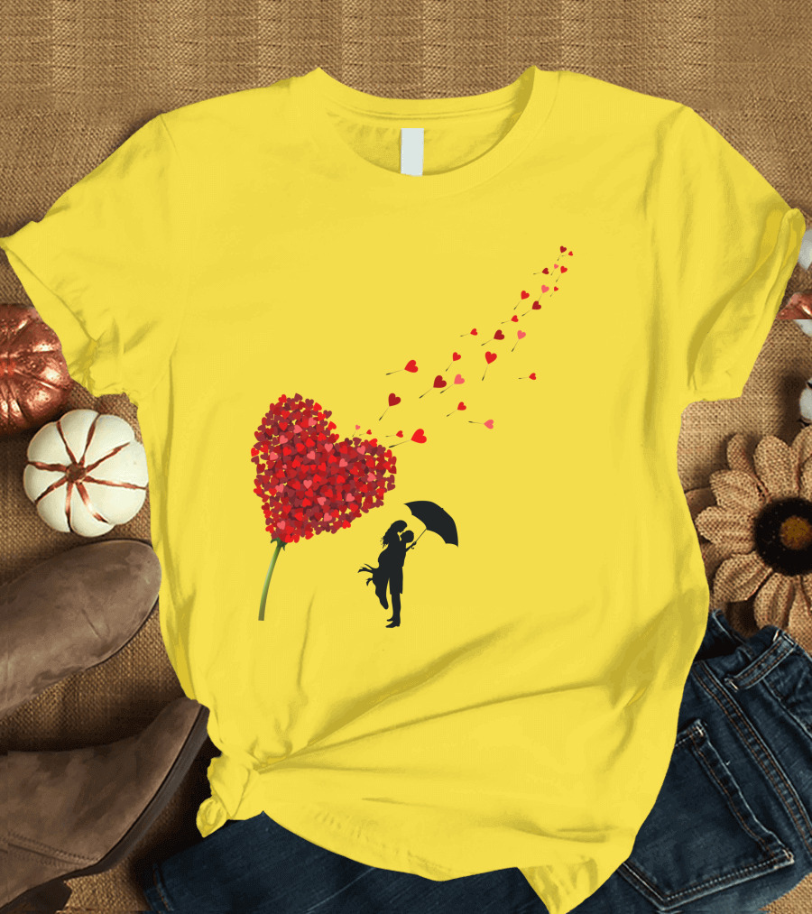 Tree of Hearts Romantic Umbrella Couple Silhouette with Red Petals T-Shirt