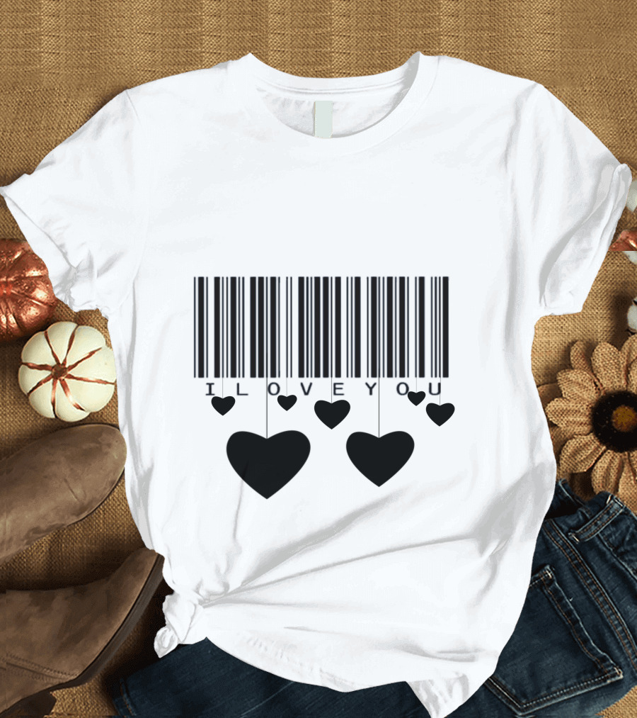 Barcode I Love You with Dangling Black Hearts T-Shirt
