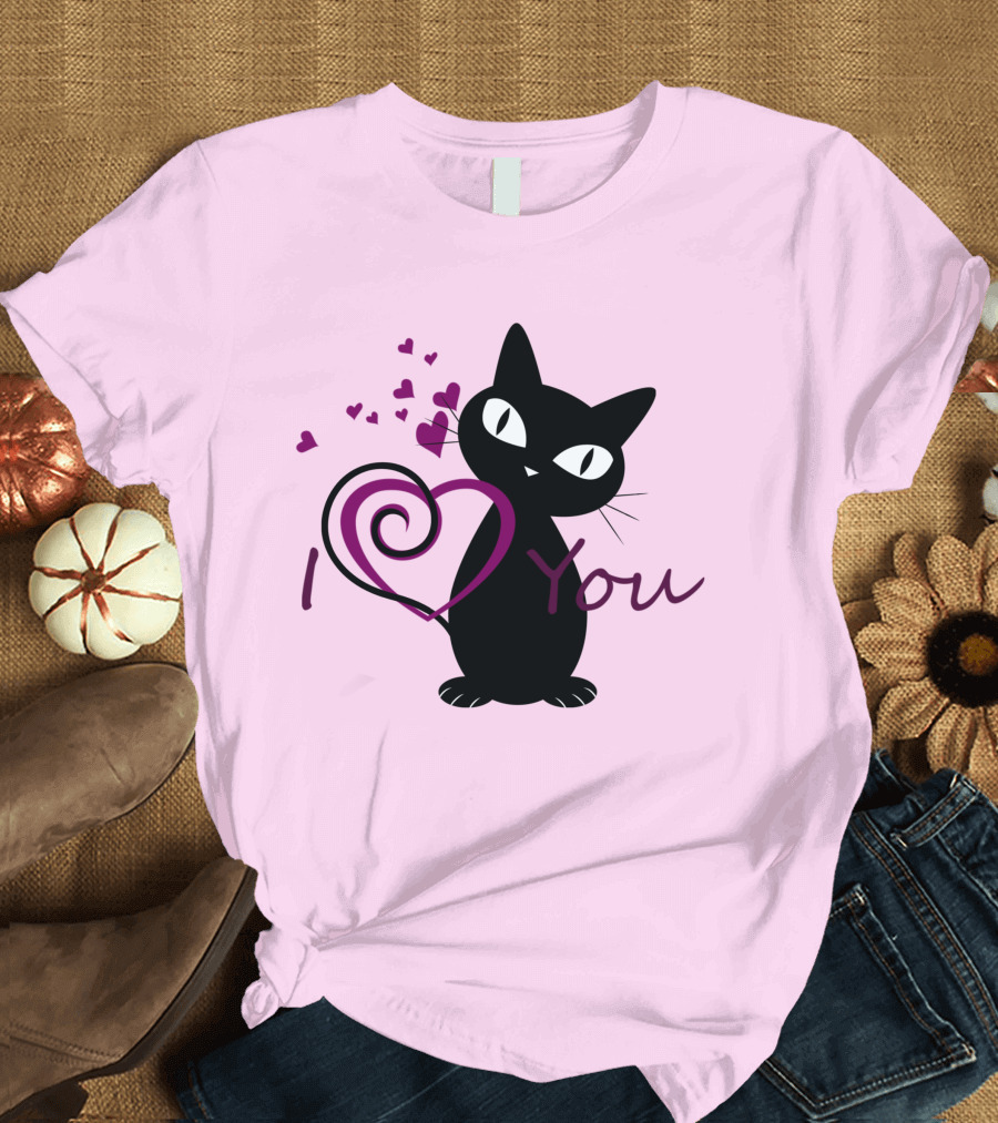 I Love You Black Cat with Hearts T-Shirt