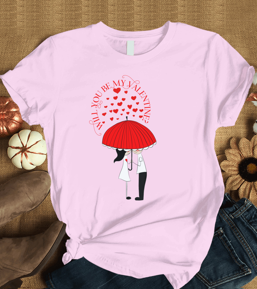 Will You Be My Valentine Red Hearts Under Umbrella T-Shirt