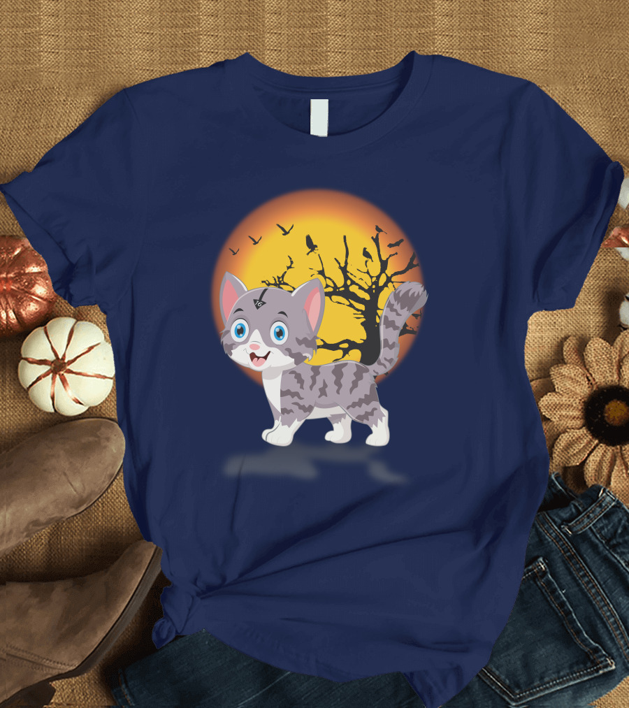 Cute Kittens Halloween Night Moonlit Landscape T-Shirt