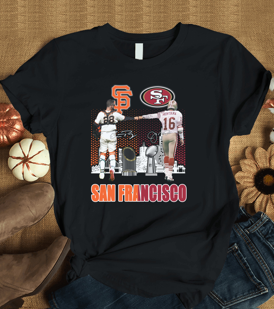 San Francisco Giants 49ers Buster Posey Joe Montana Championship Trophies T-Shirt