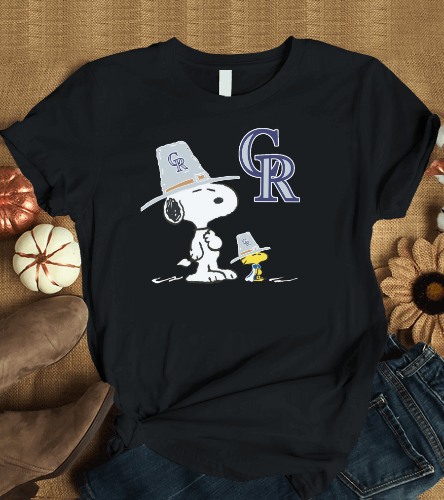 Colorado Rockies Snoopy Woodstock Thanksgiving Pilgrim Hats T-Shirt
