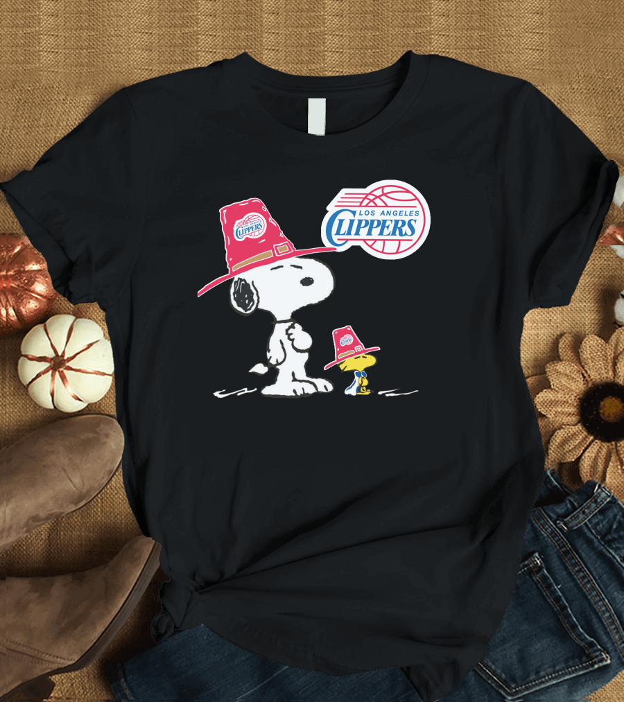 Los Angeles Clippers Snoopy with Woodstock in Team Hats T-Shirt