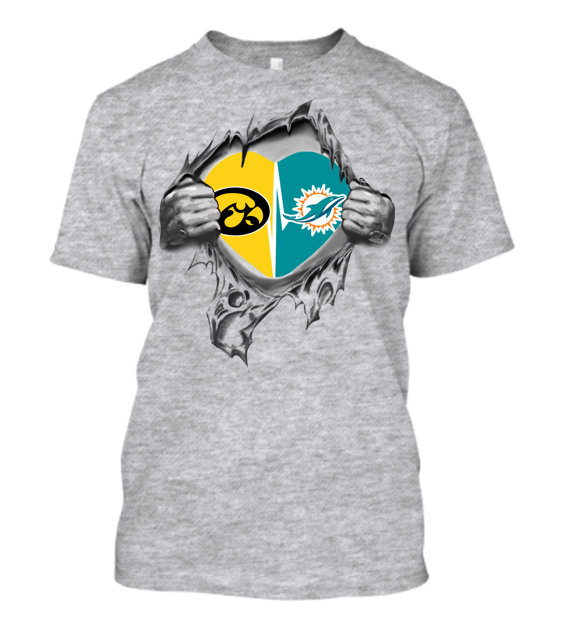 Iowa Hawkeyes Miami Dolphins Heart Logo Ripped T-Shirt