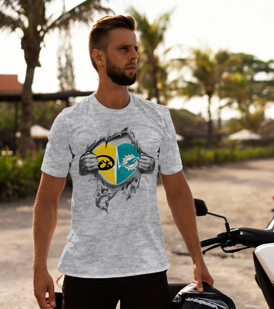 Iowa Hawkeyes Miami Dolphins Heart Logo Ripped T-Shirt