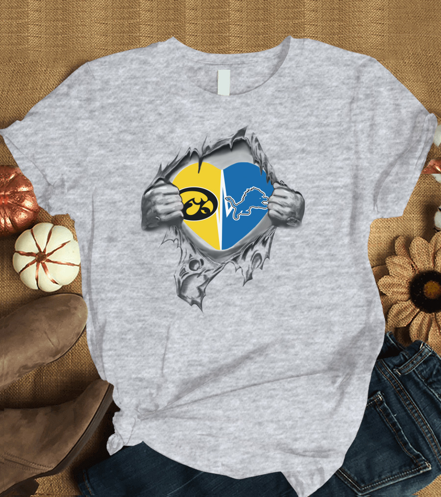 Iowa Hawkeyes Vs. Detroit Lions Heart Symbol Torn Fabric T-Shirt