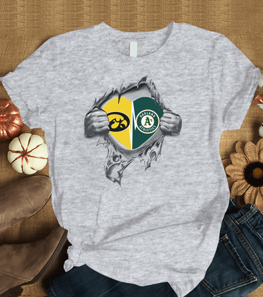Iowa Hawkeyes Oakland Athletics Heart Design With Tearing Hands T-Shirt