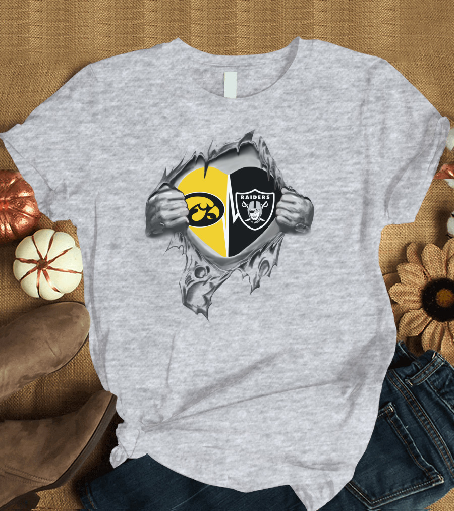 Iowa Hawkeyes Vs Raiders Heart Design With Iconic Logos In Ripped T-Shirt
