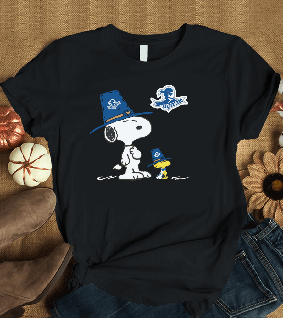 Seton Hall Snoopy and Woodstock in Seton Hall Pirate Hats T-Shirt