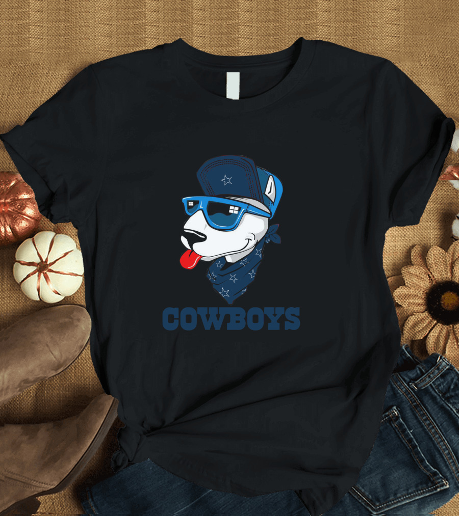 Cowboys Bull Terrier in Blue Sunglasses and Bandana T-Shirt