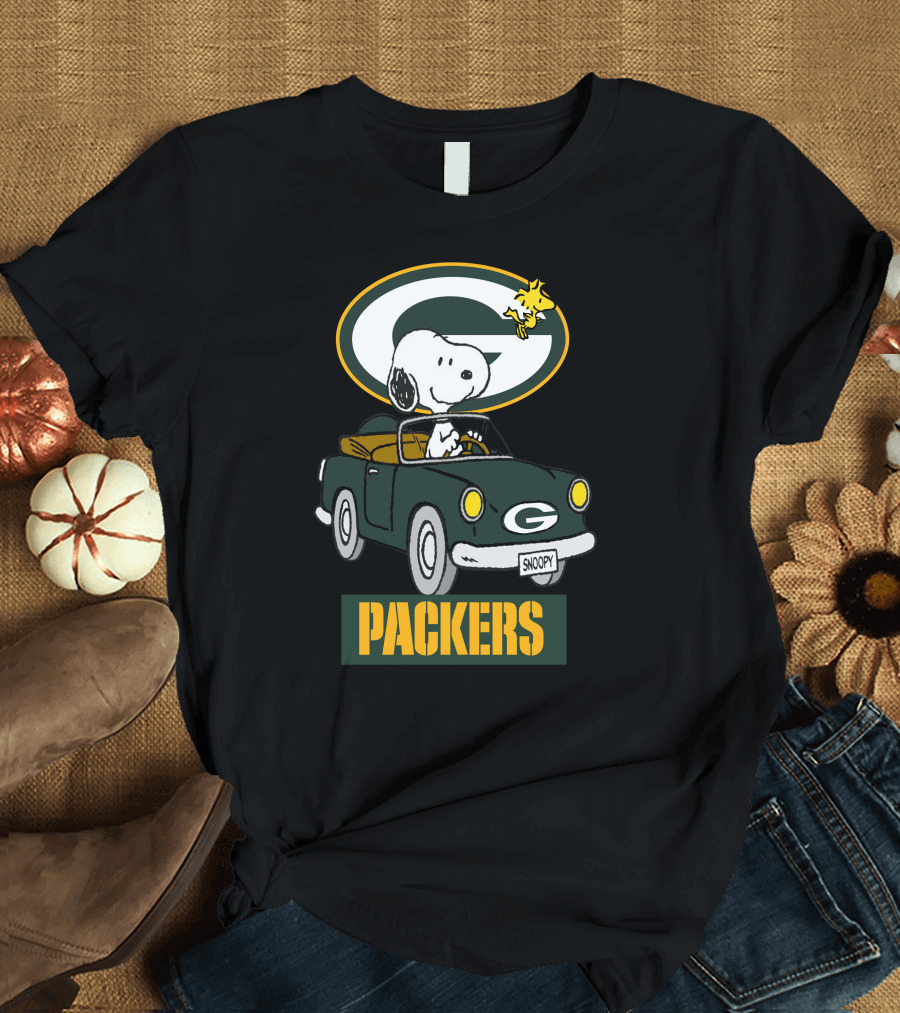 Packers Snoopy Driving Car with Woodstock and Packers T-Shirt