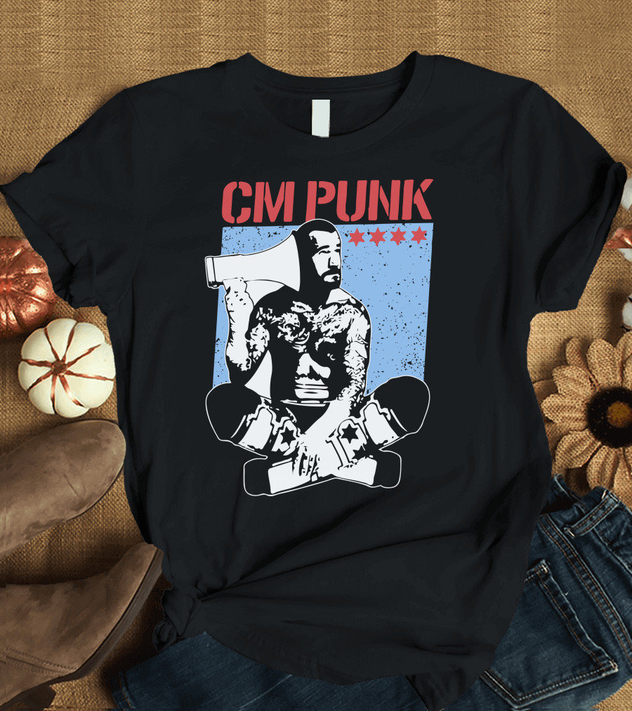 CM Punk AEW All Elite Wrestling Megaphone Graphic with Red Stars T-Shirt
