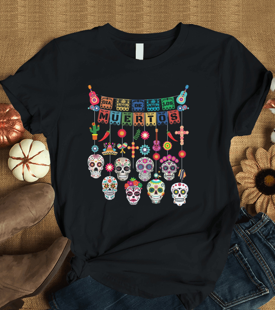 Dia De Los Muertos Colorful Sugar Skulls and Festive Decorations Day Of The Dead T-Shirt