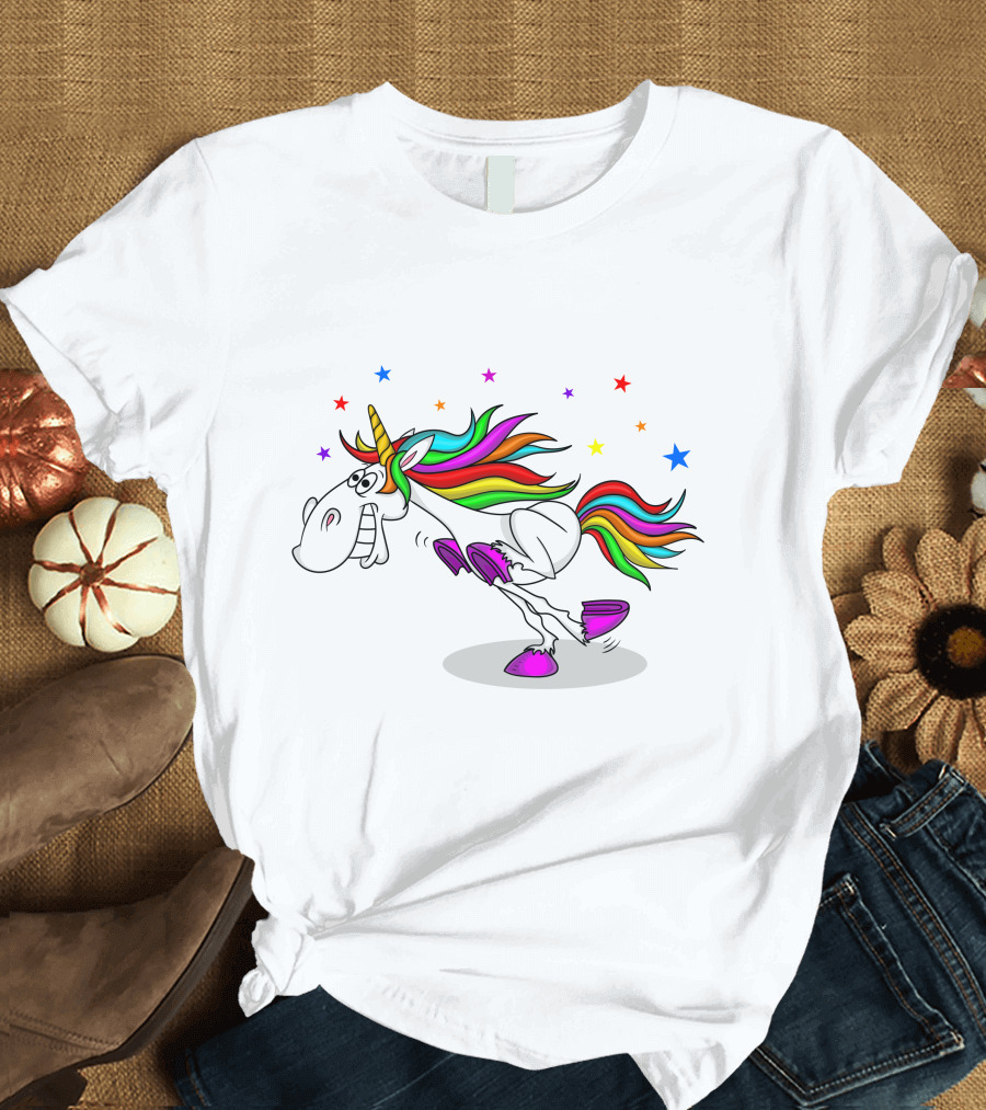 Awesome Unicorn Twinkles Rainbow Kicking Fun Stars Vibrant Mane T-Shirt
