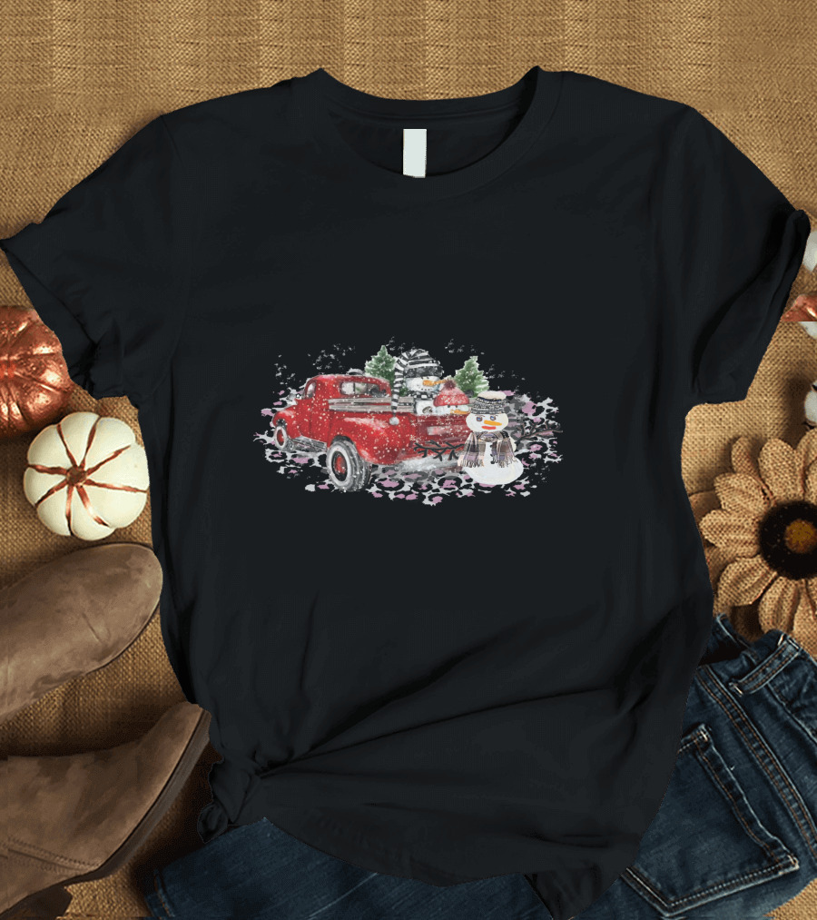 Christmas Snowman Truck Red Watercolor Snow Scene T-Shirt