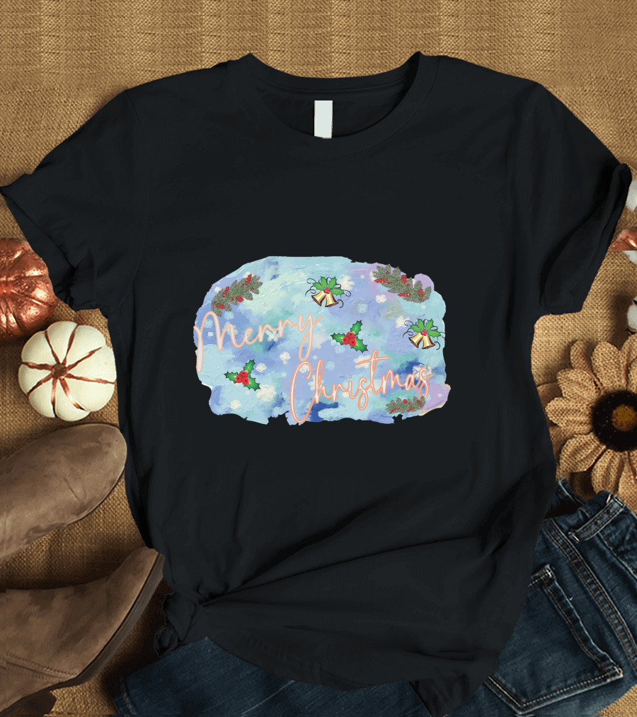Merry Christmas Watercolor Holly and Bells T-Shirt