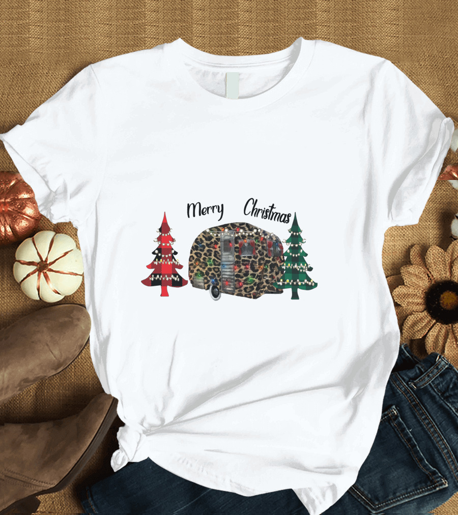 Merry Christmas Leopard Trailer with Festive Trees T-Shirt