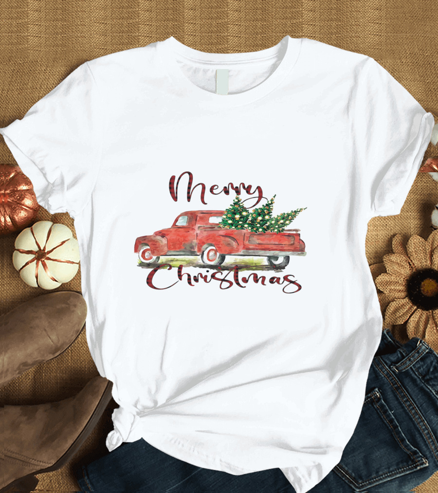 Merry Christmas Red Truck with Festive Tree T-Shirt