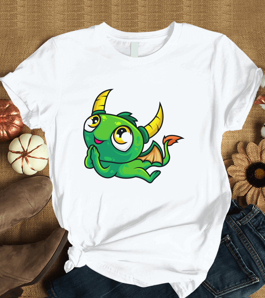 Cute Green Dragon Kawaii Cartoon Character with Horns and Wings T-Shirt