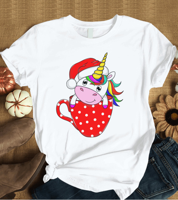 T-Shirt: Santa Hat Unicorn in Polka Dot Red Cup T-Shirt Santa Hat Unicorn in Polka Dot Red Cup T-Shirt