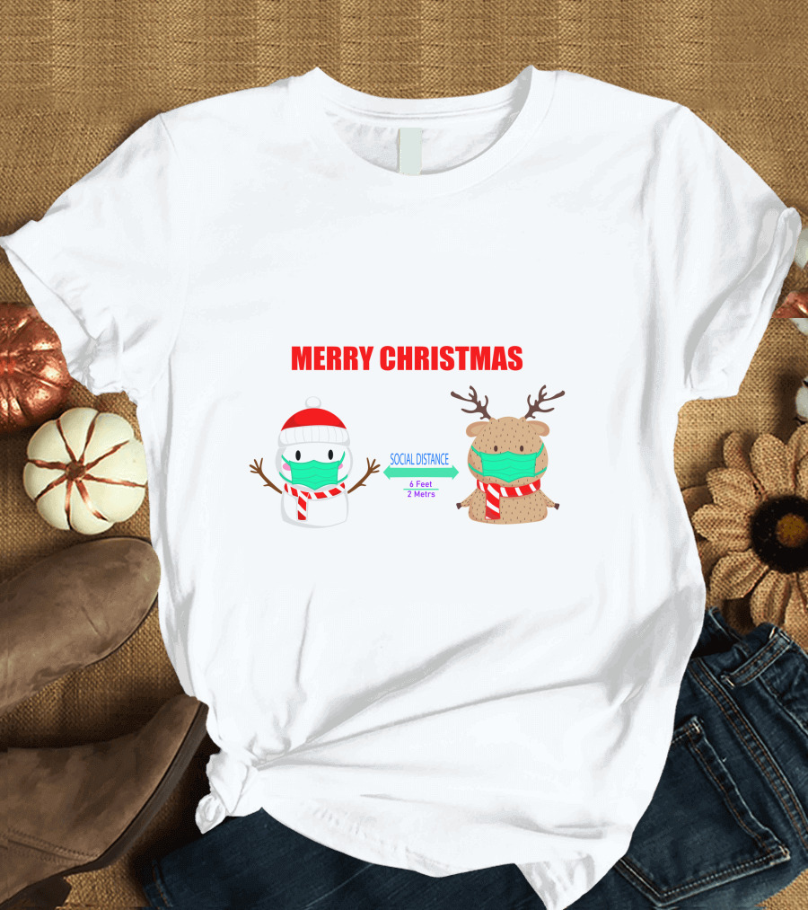 Merry Christmas Social Distance Snowman and Deer with Masks 6 Feet 2 Meters T-Shirt
