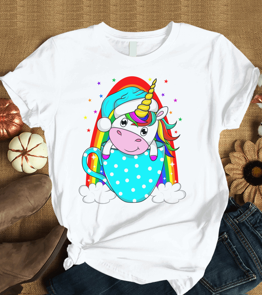 Unicorn in Polka Dot Blue Cup with Rainbow and Stars T-Shirt