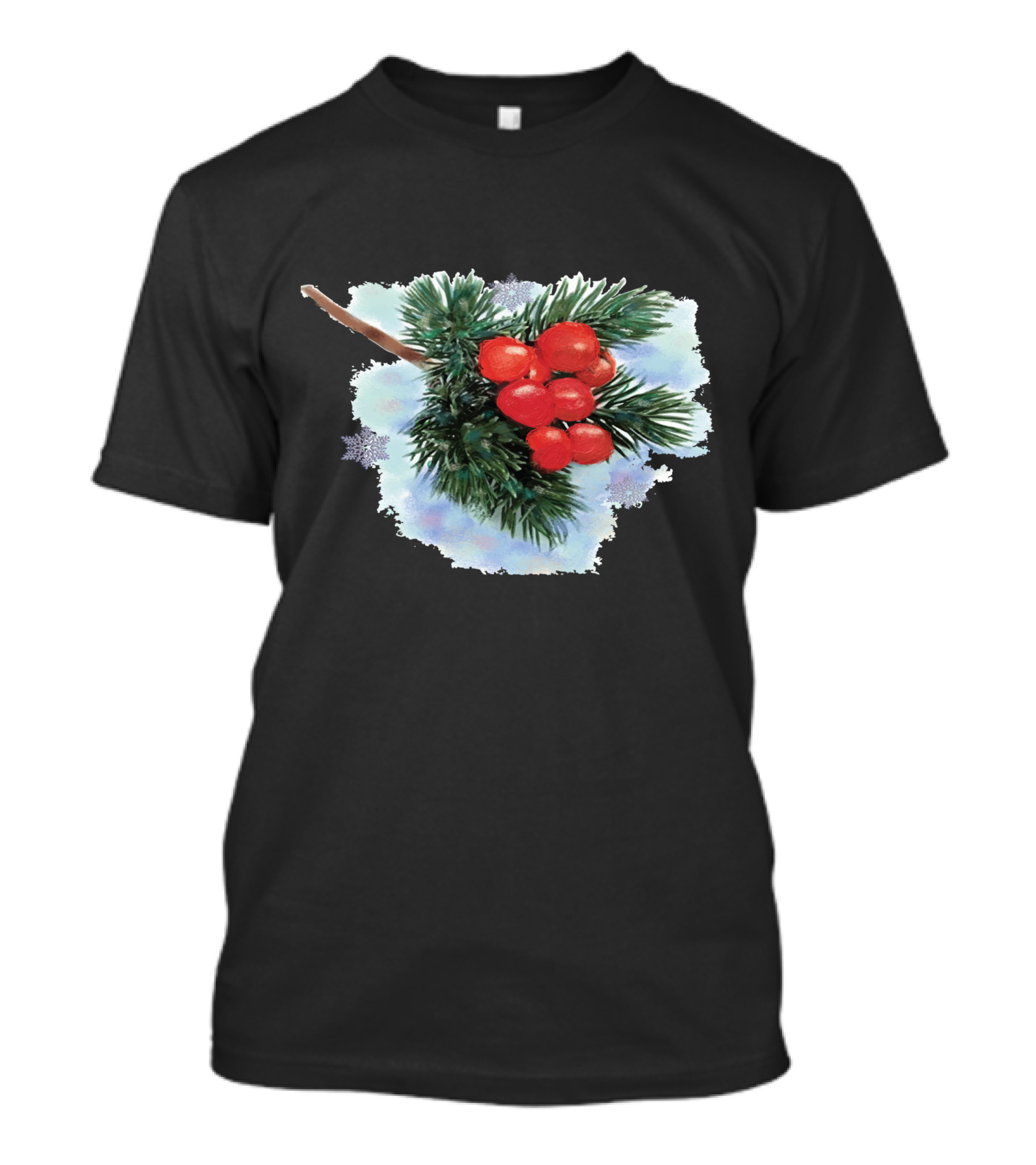 Watercolor Holiday Christmas Holly Berries Branch Pine Needles T-Shirt