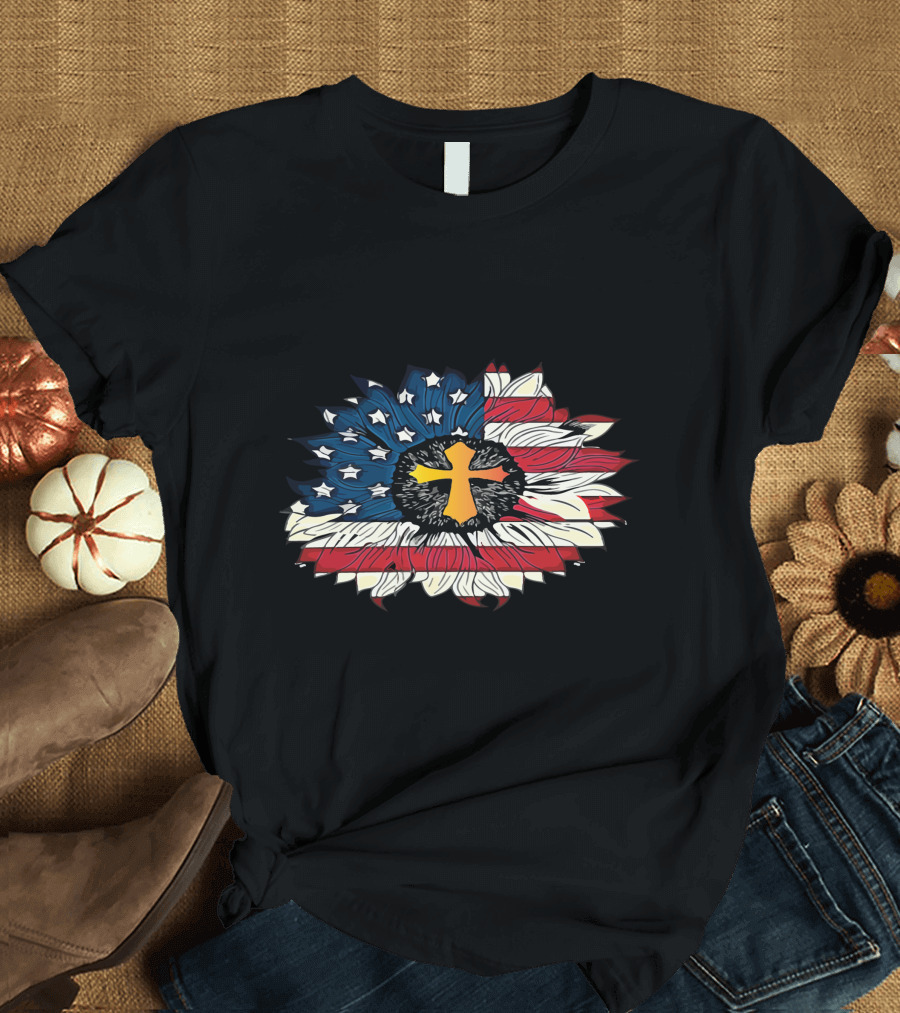 American Flag Cross Floral Design Sunflower Center T-Shirt