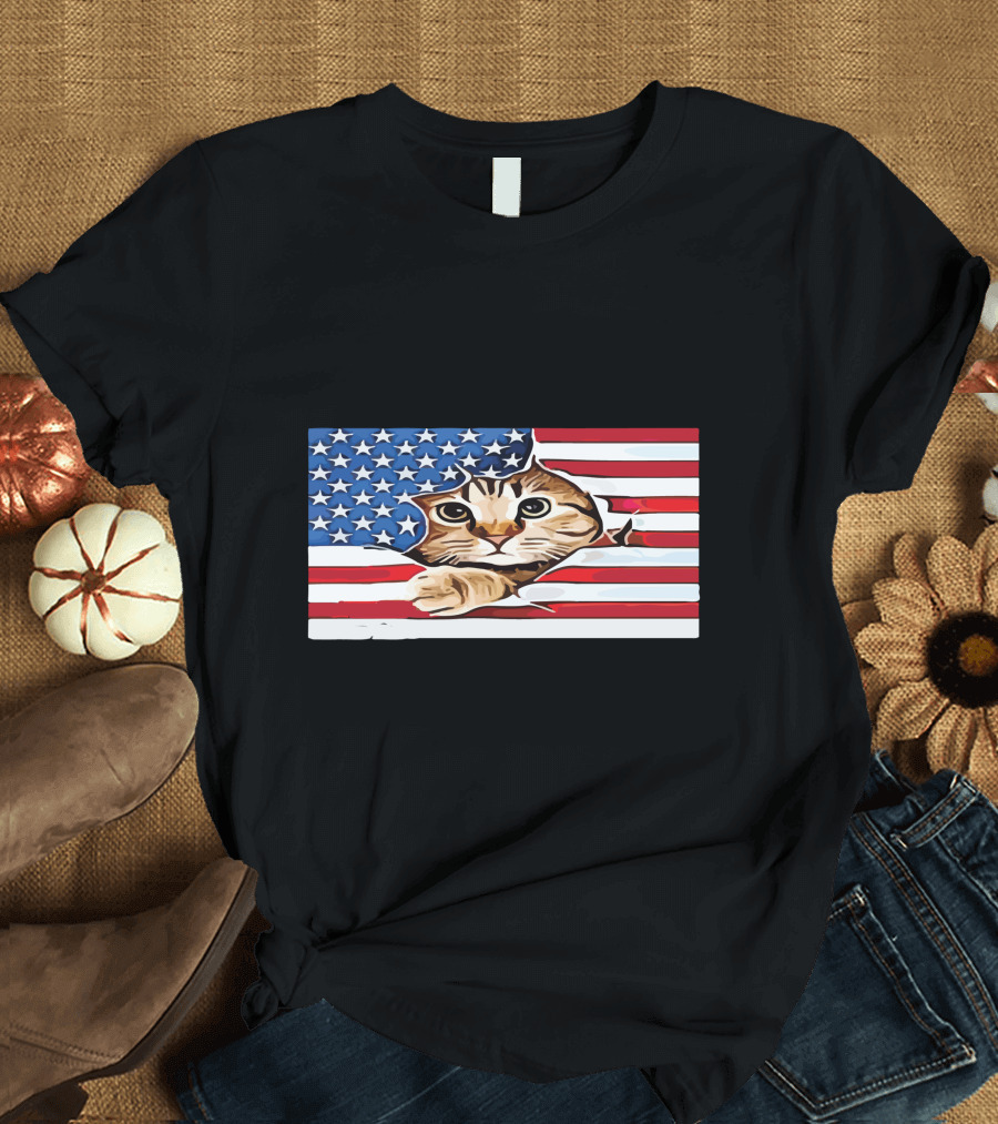 Cat Peeking Through American Flag T-Shirt