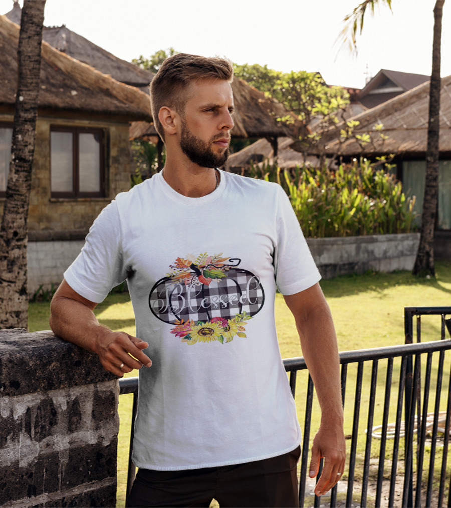 Blessed Buffalo Plaid Pumpkin With Sunflowers And Autumn Leaves T-Shirt
