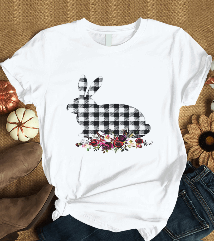 Bunny Black White Plaid Floral Roses T-Shirt