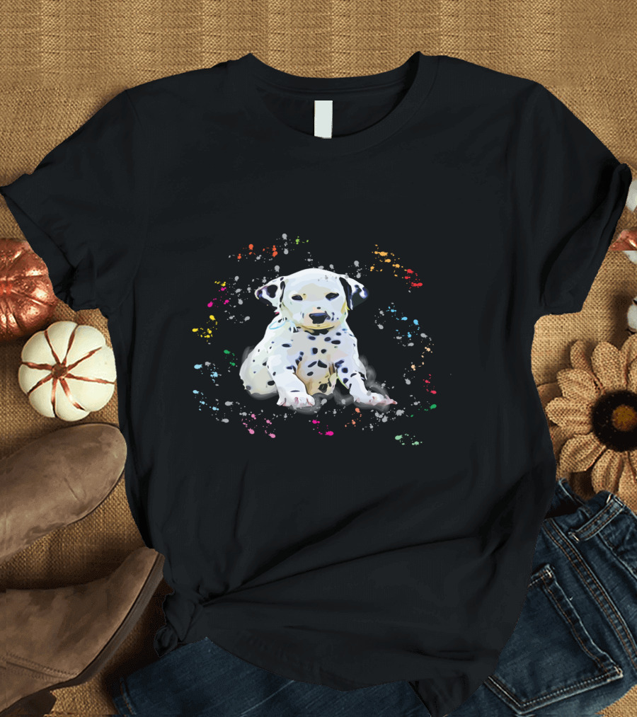 Dalmatian Puppy Surrounded by Splashes of Colorful Snow T-Shirt