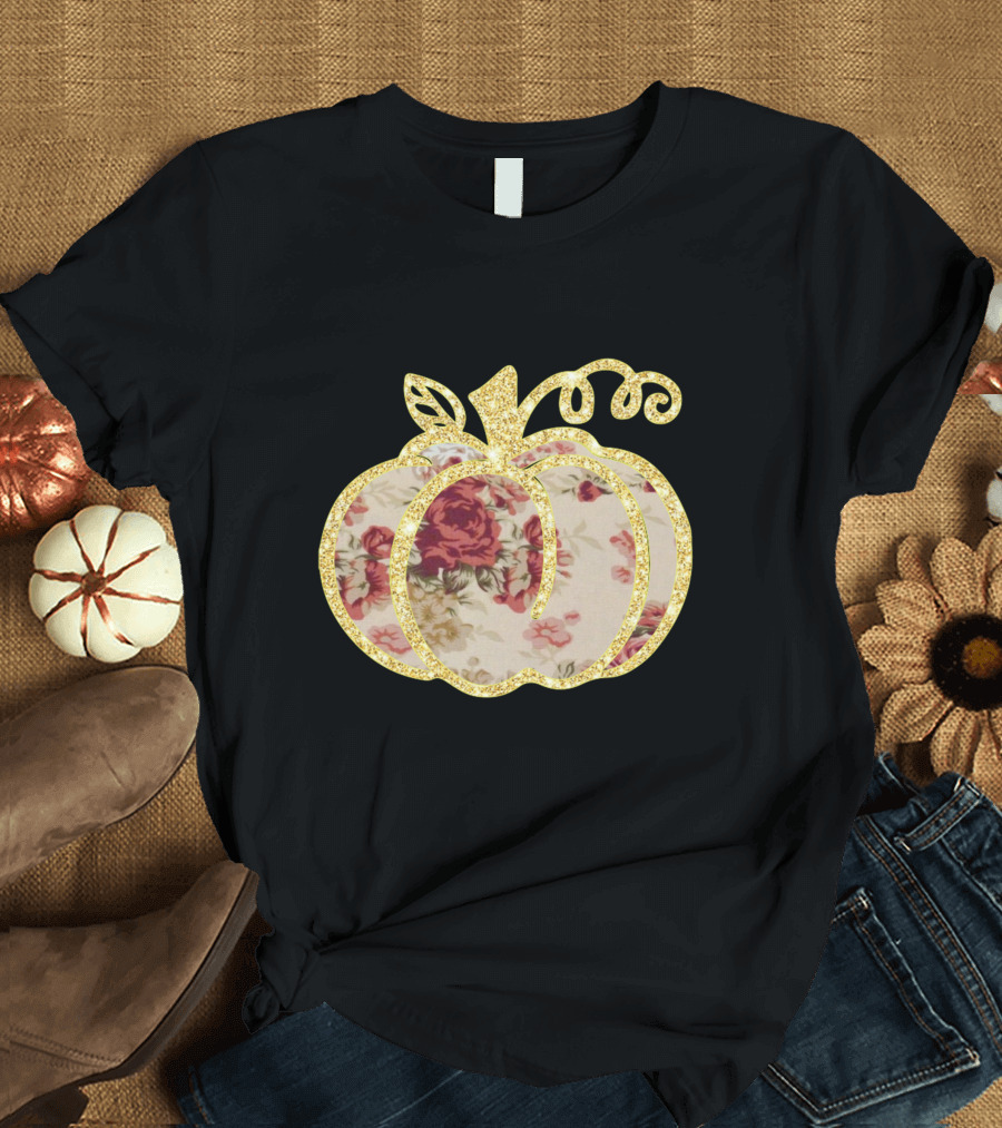 Glitter Floral Pumpkin Gold Trim T-Shirt