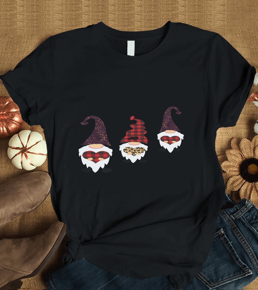 Valentine's Day Love Gnomes with Plaid and Leopard Hearts T-Shirt
