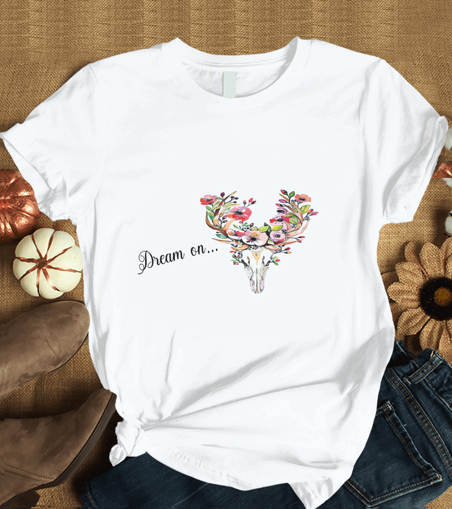 Dream On Deer Skull With Floral Antlers T-Shirt