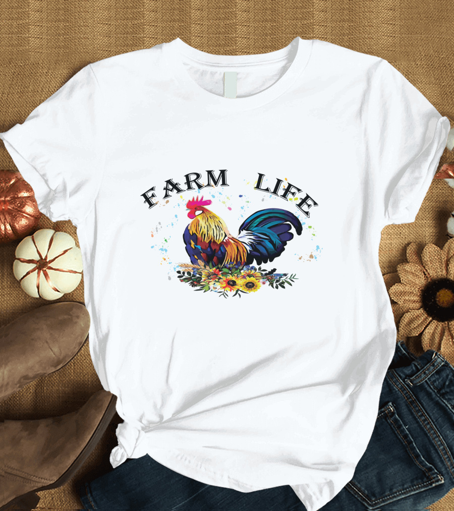Farm Life Colorful Rooster Floral T-Shirt