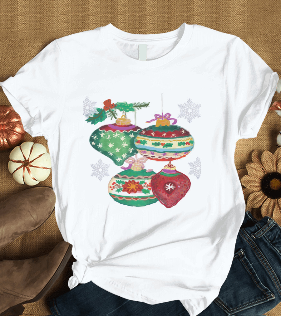 Watercolor Christmas Balls Snowflake Ornaments with Holly and Ribbon Accents T-Shirt